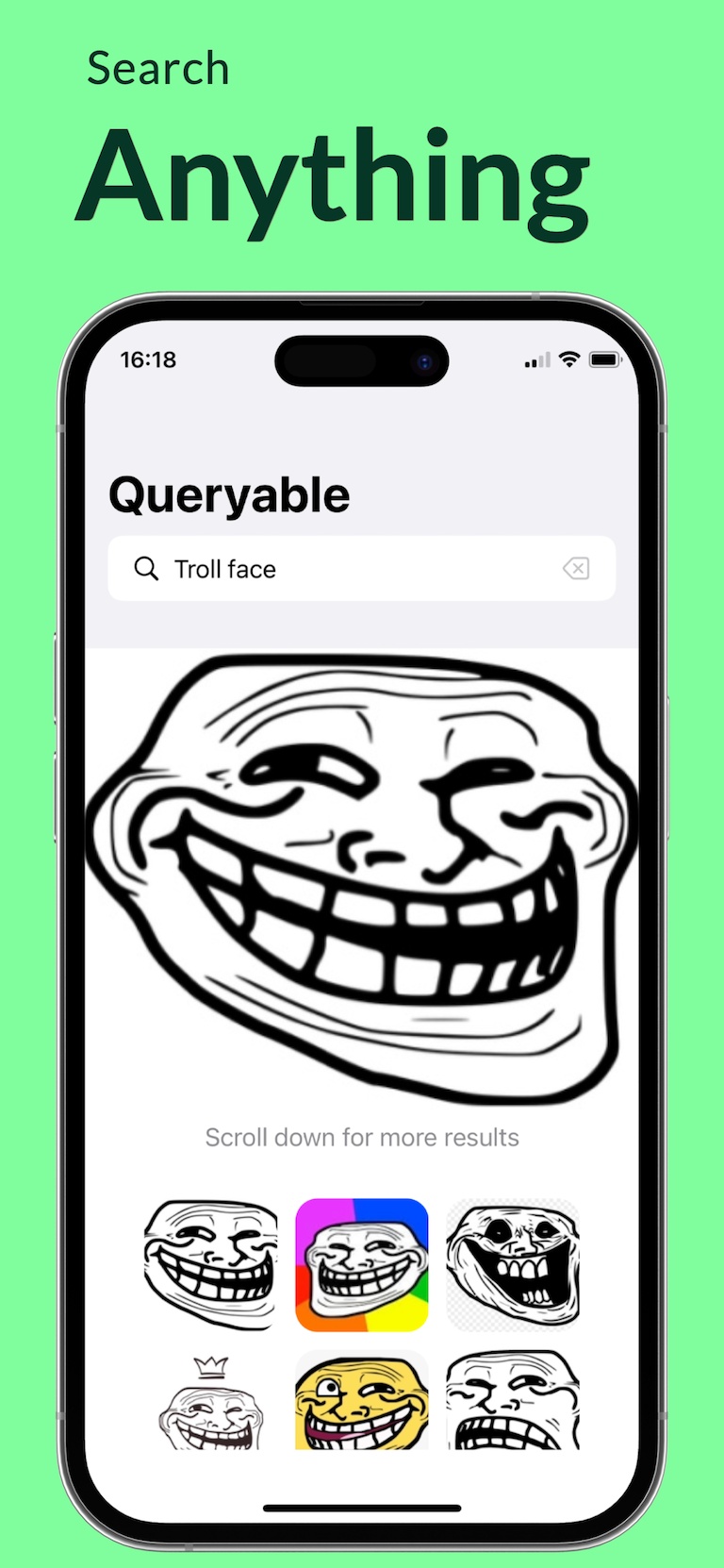 Queryable: An odd visual idea — “Troll face” — a simple phrase can retrieve a visual symbol without a filename.